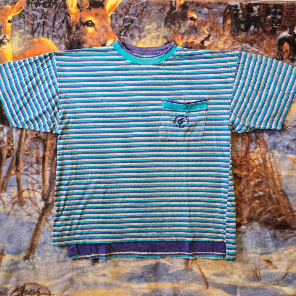 Vintage Gitano 90s Multicolor Striped Double Collar Single Stitch Tee sz M/L